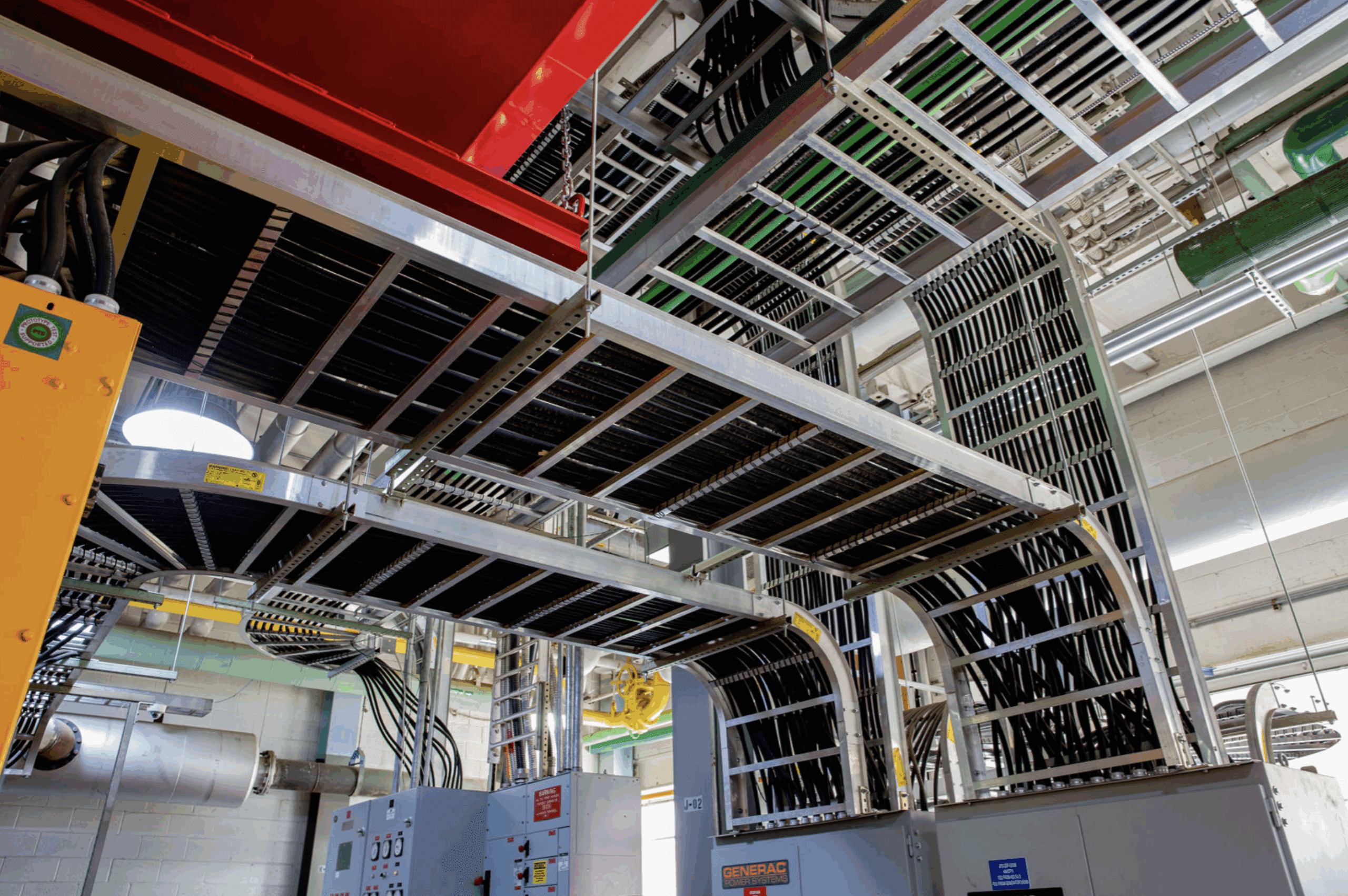 An industrial-grade cable tray system in a data center, efficiently organizing and supporting high-capacity power and network cabling for reliable infrastructure management